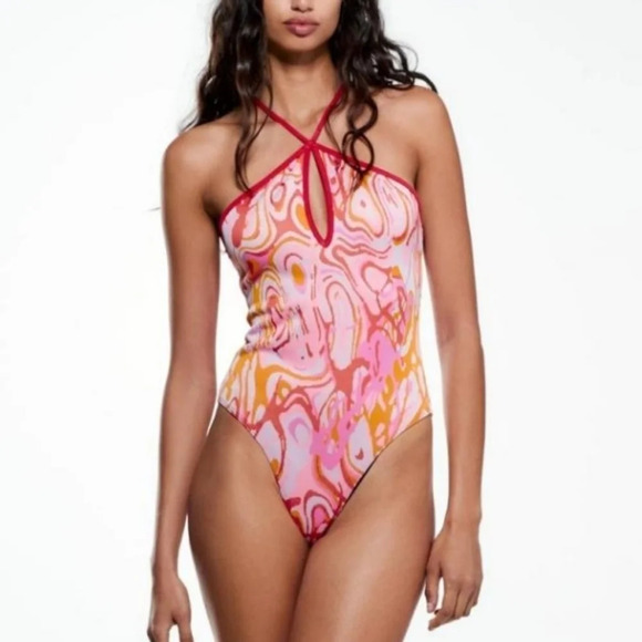 Zara jacquard bodysuit pink orange  purple abstract print small NWOT - Picture 1 of 11